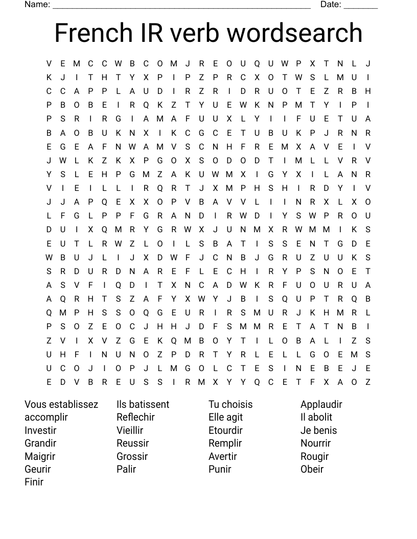 French IR verb wordsearch