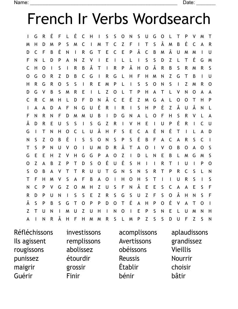 French Ir Verbs Wordsearch