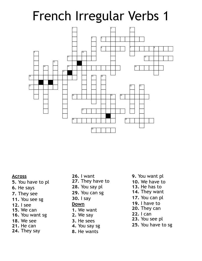 French Irregular Verbs 1 Crossword