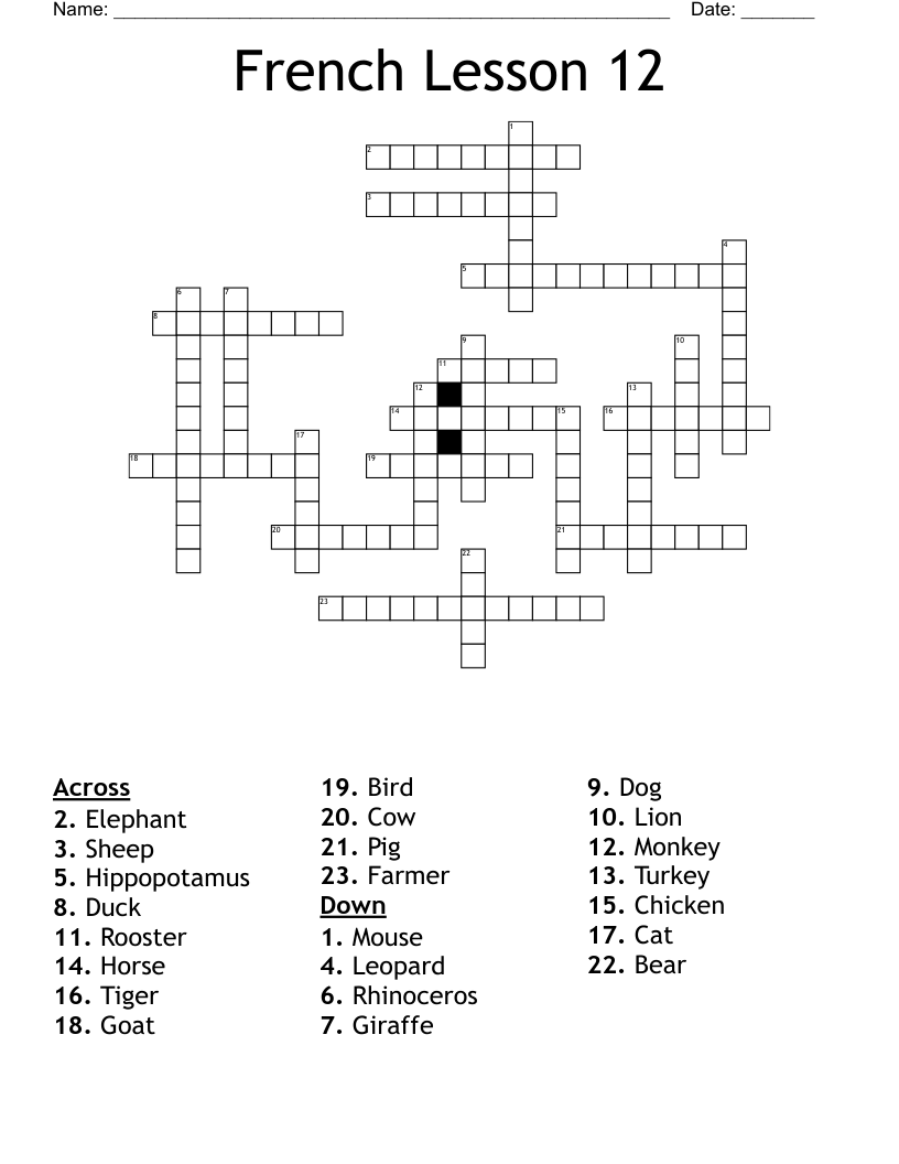 French Lesson 12 Crossword