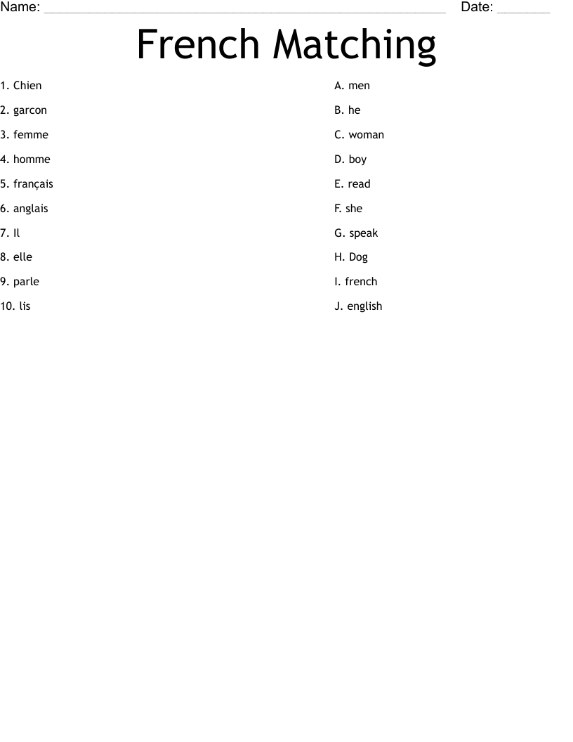 French Matching Worksheet