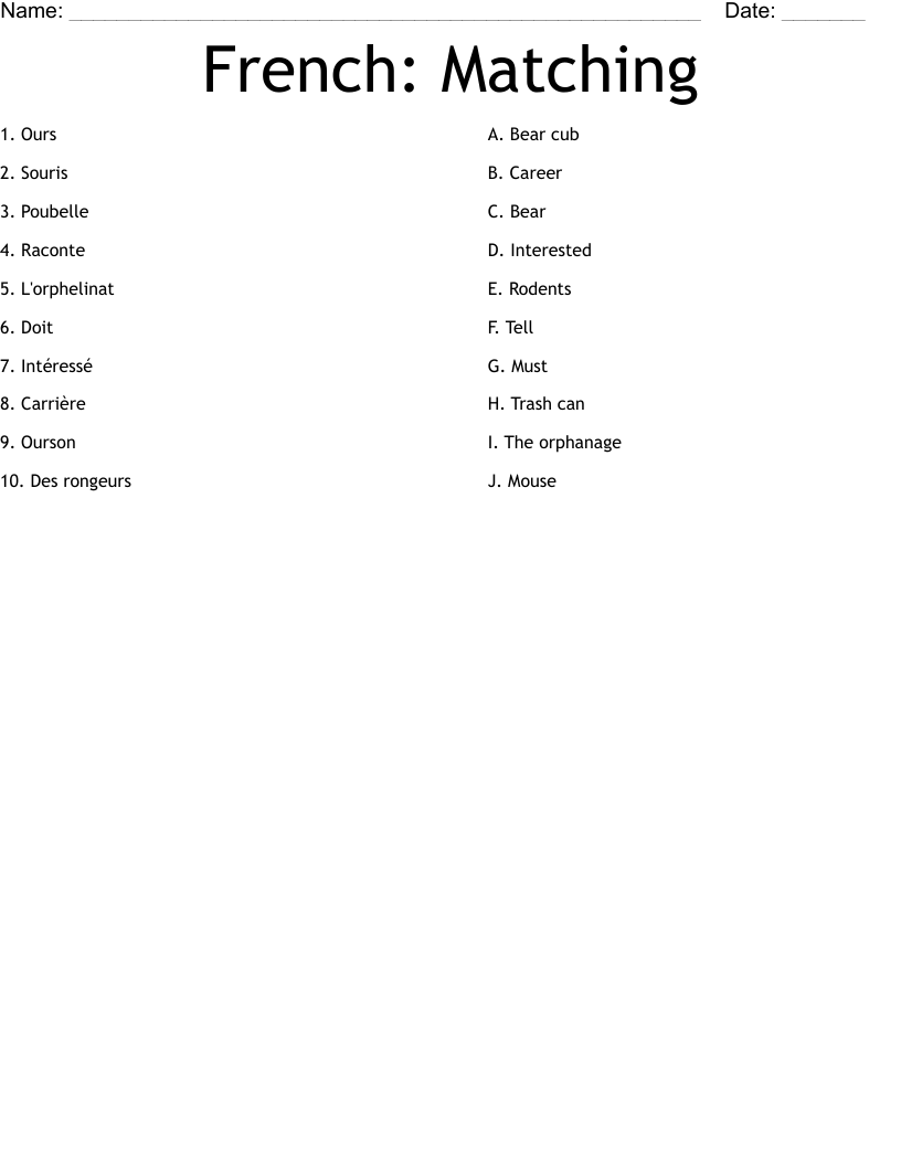 French: Matching Worksheet