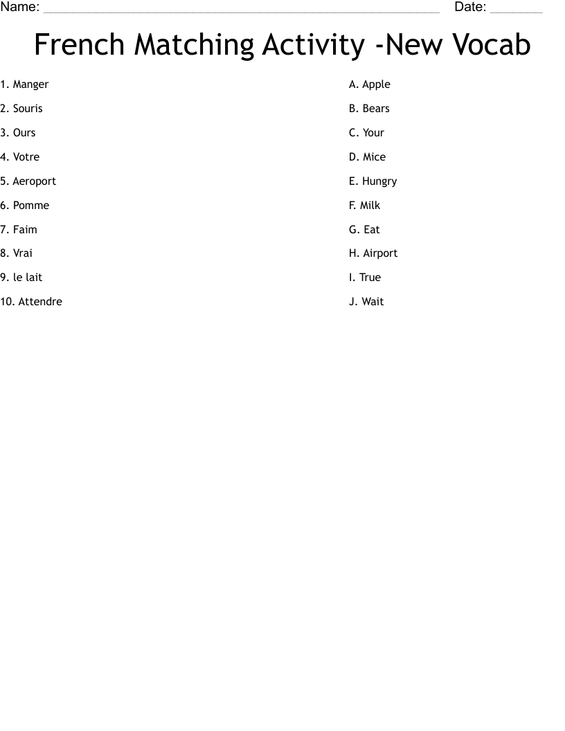 French Matching Activity -New Vocab  Worksheet