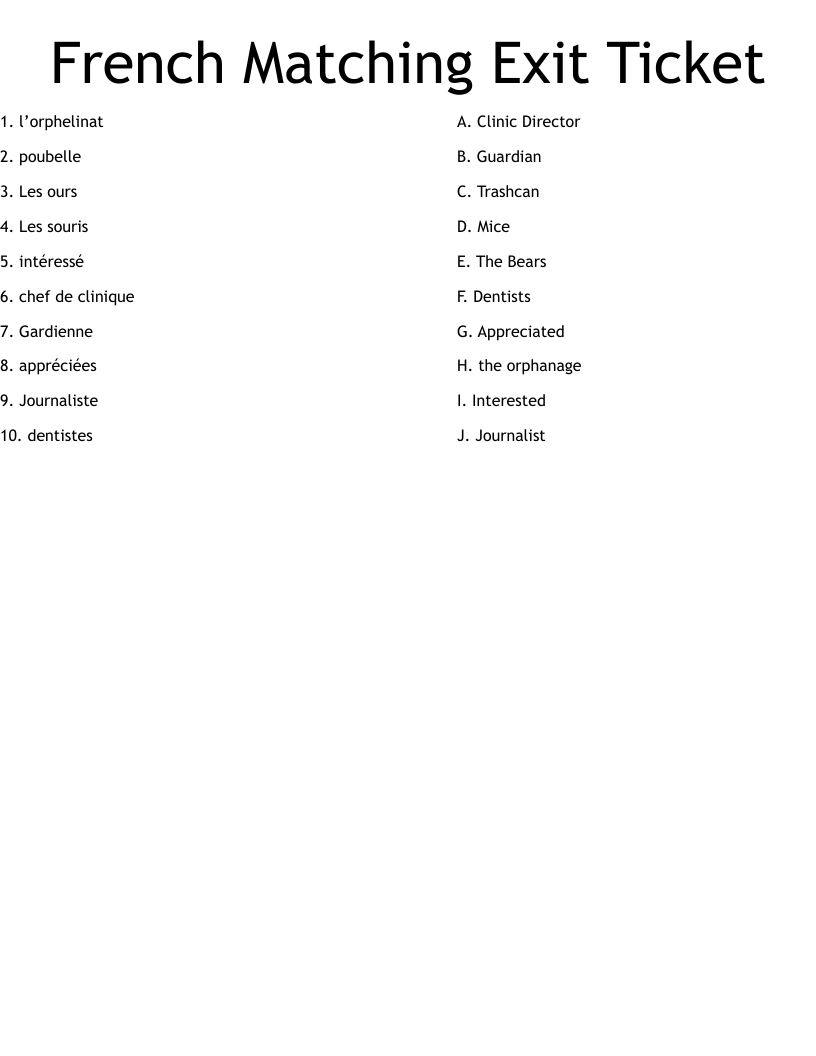 French Matching Exit Ticket  Worksheet