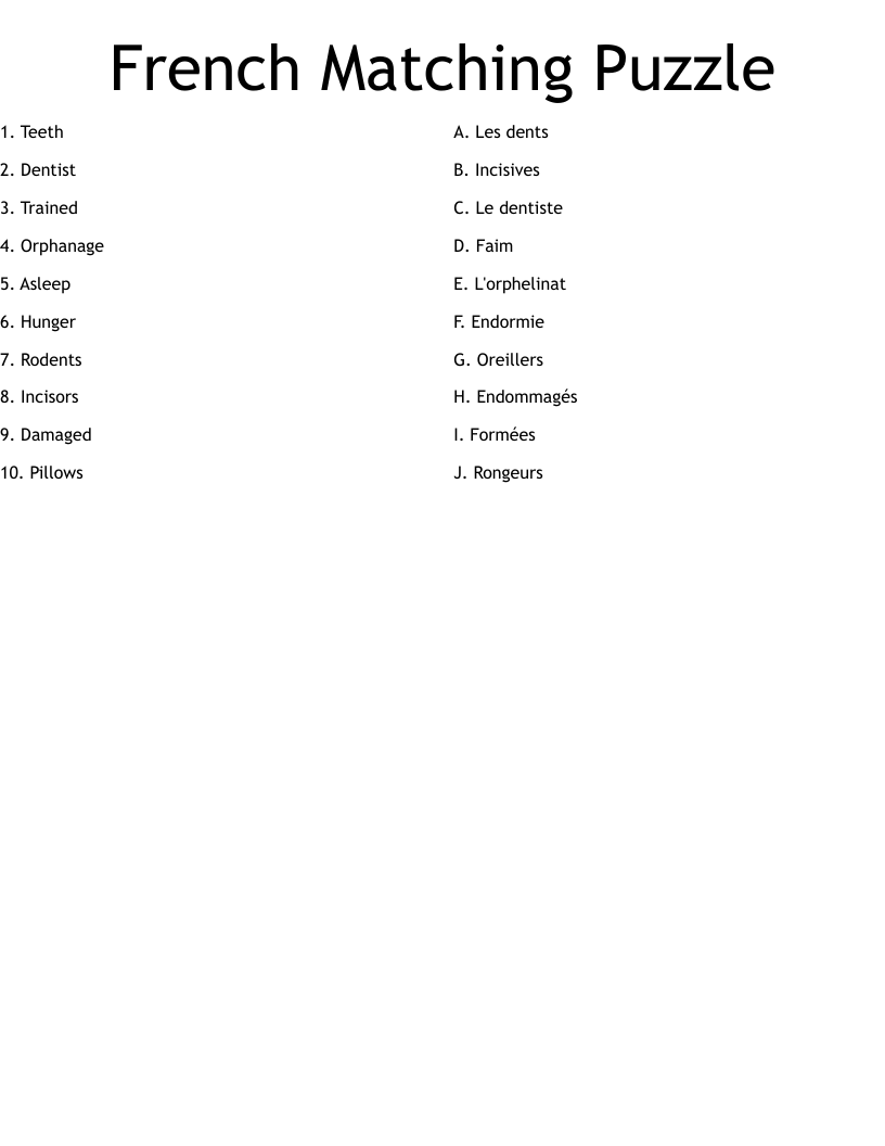 French Matching Puzzle Worksheet