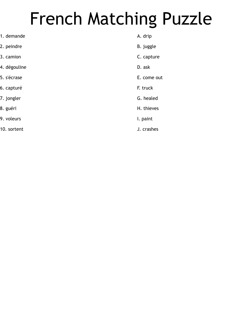 French Matching Puzzle  Worksheet