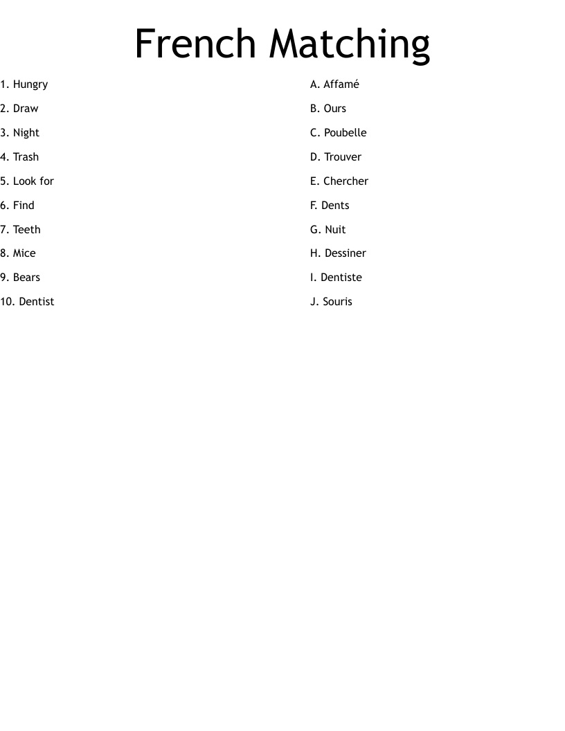 French Matching  Worksheet