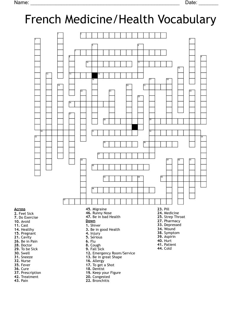 French Medicine/Health Vocabulary Crossword
