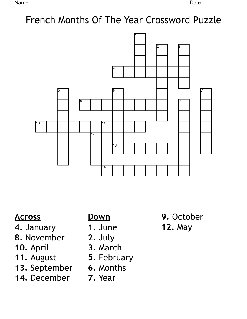 French Months Of The Year Crossword Puzzle