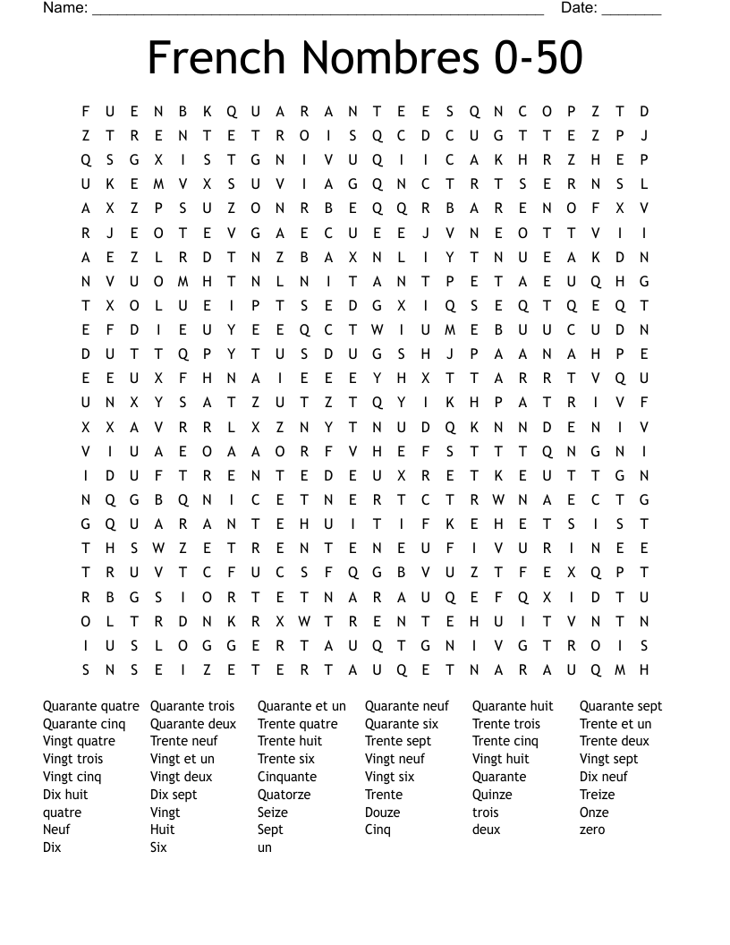 French Nombres 0-50 Word Search