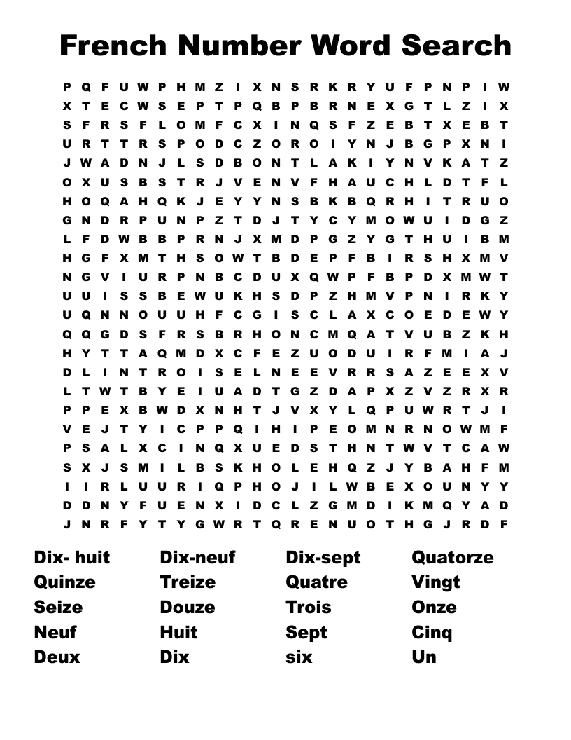French Number Word Search