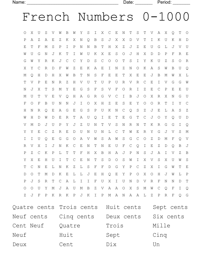 French Numbers 0-1000 Word Search