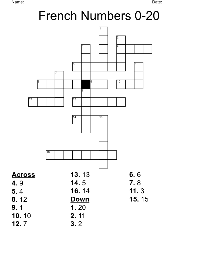 French Numbers 0-20 Crossword