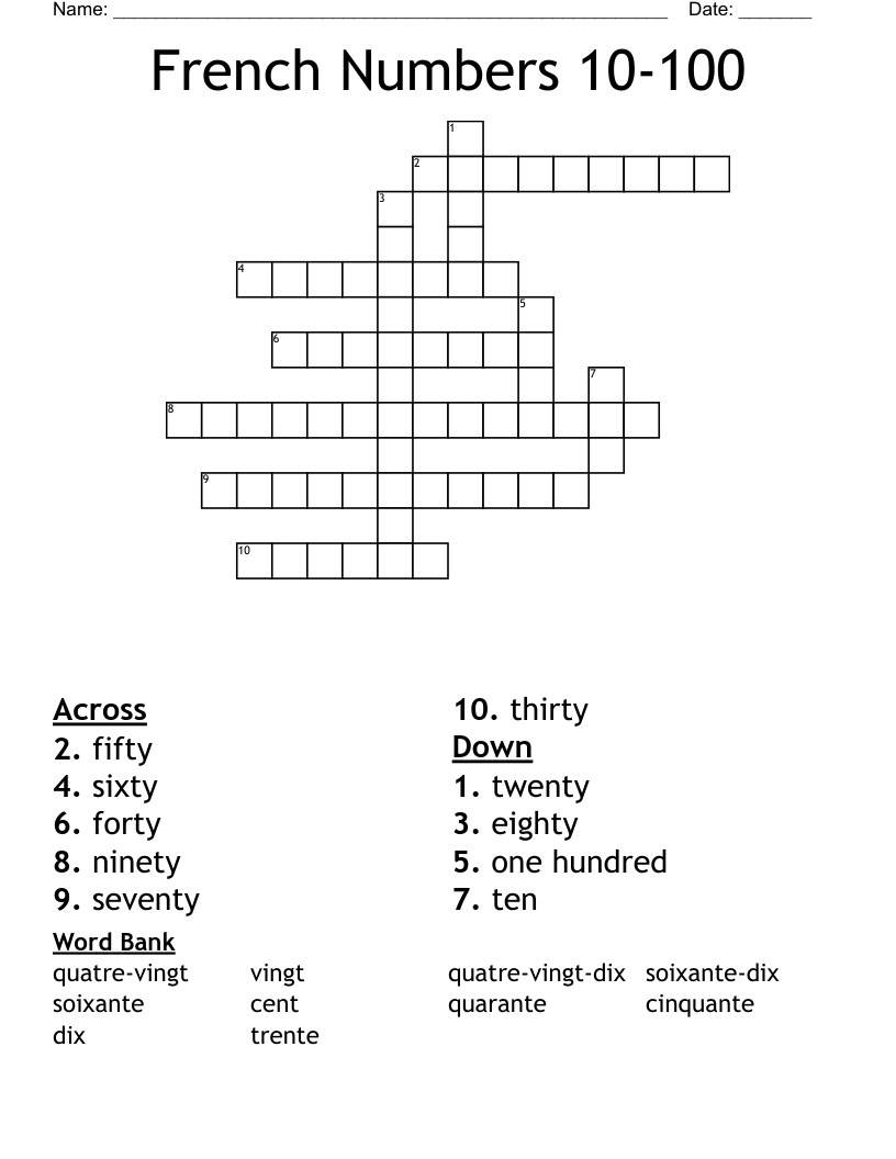 French Numbers 10-100 Crossword