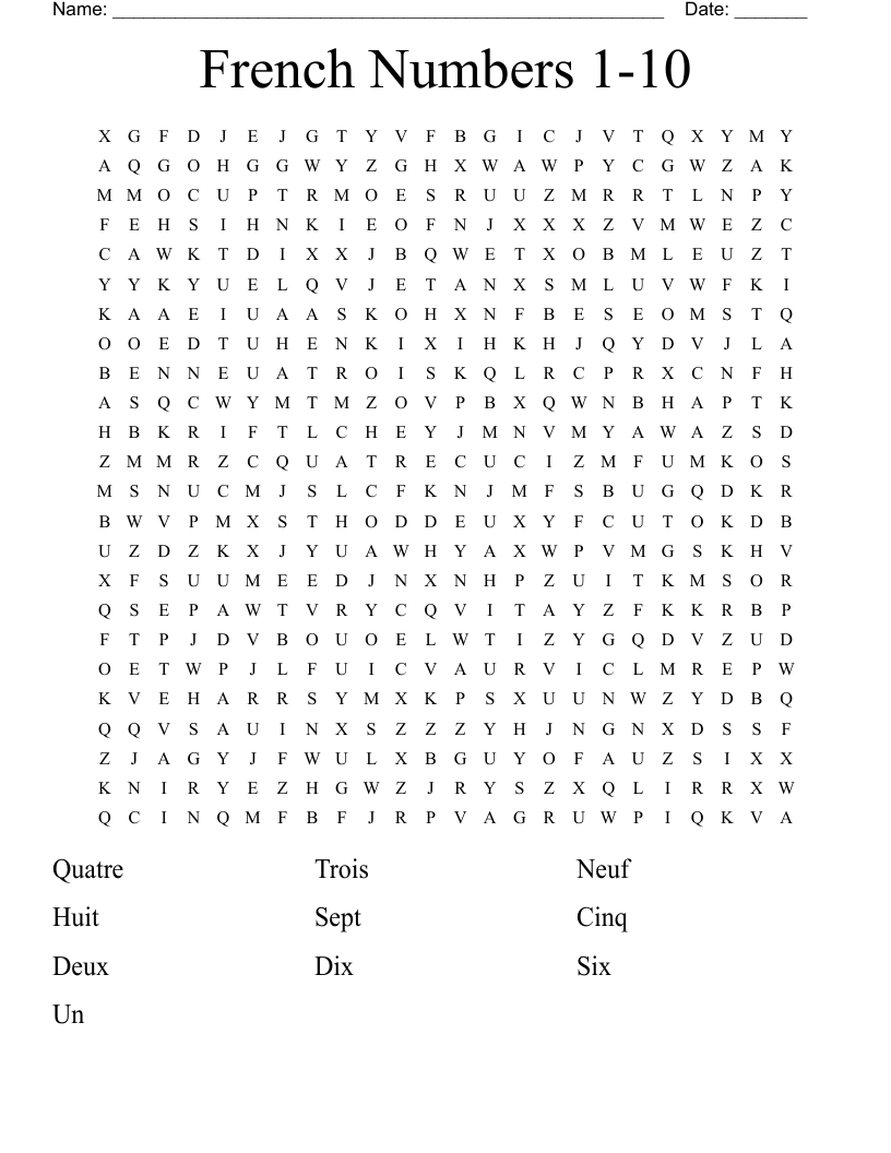French Numbers 1-10 Word Search
