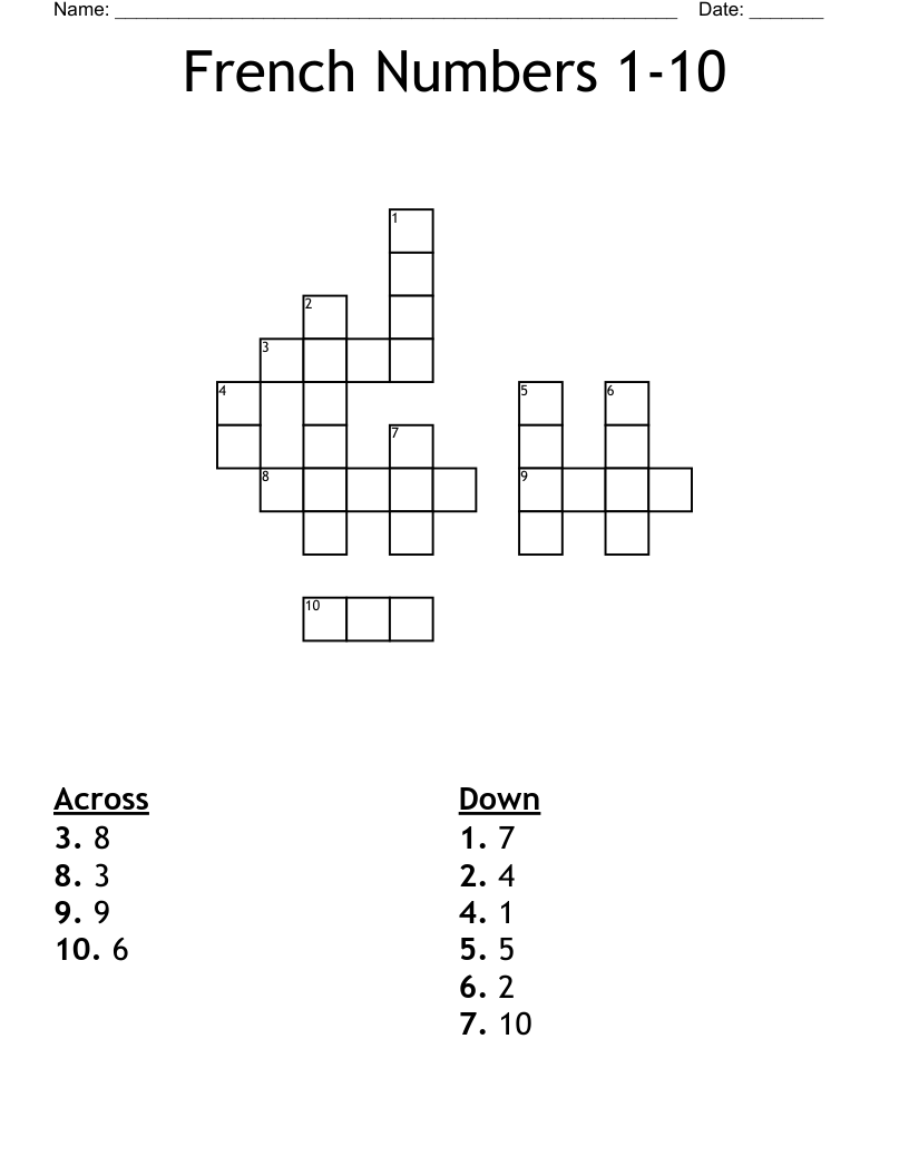 French Numbers 1-10 Crossword