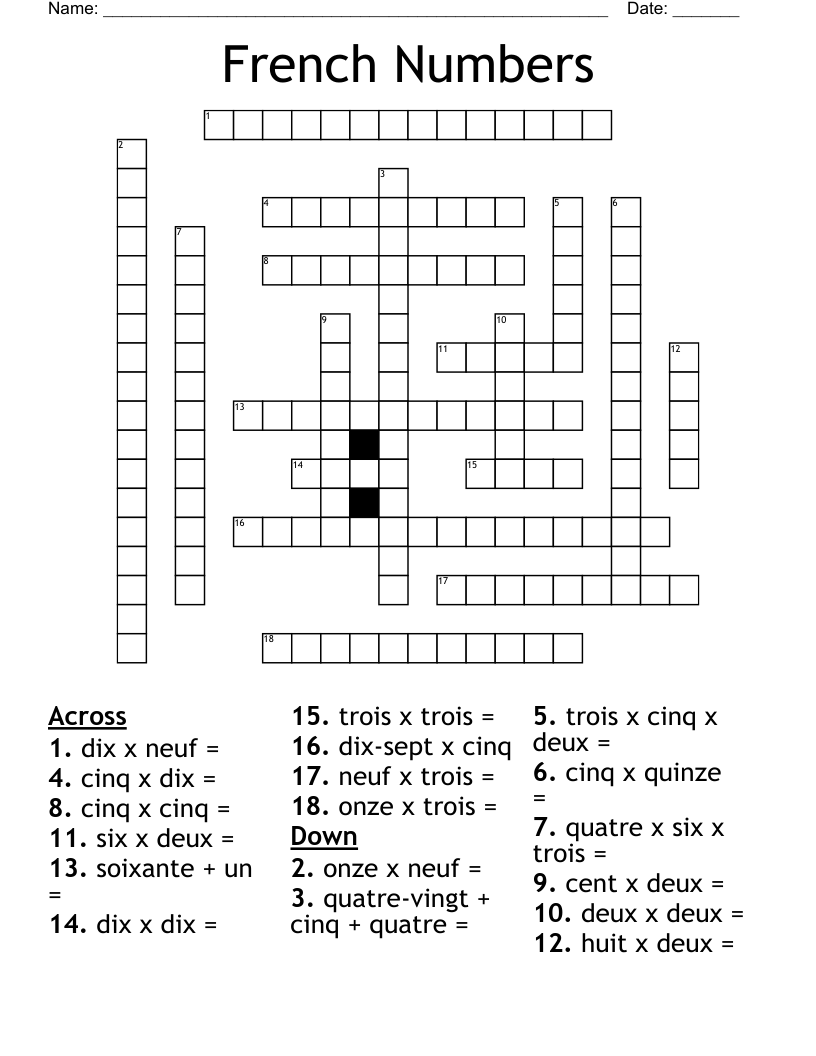 French Numbers Crossword