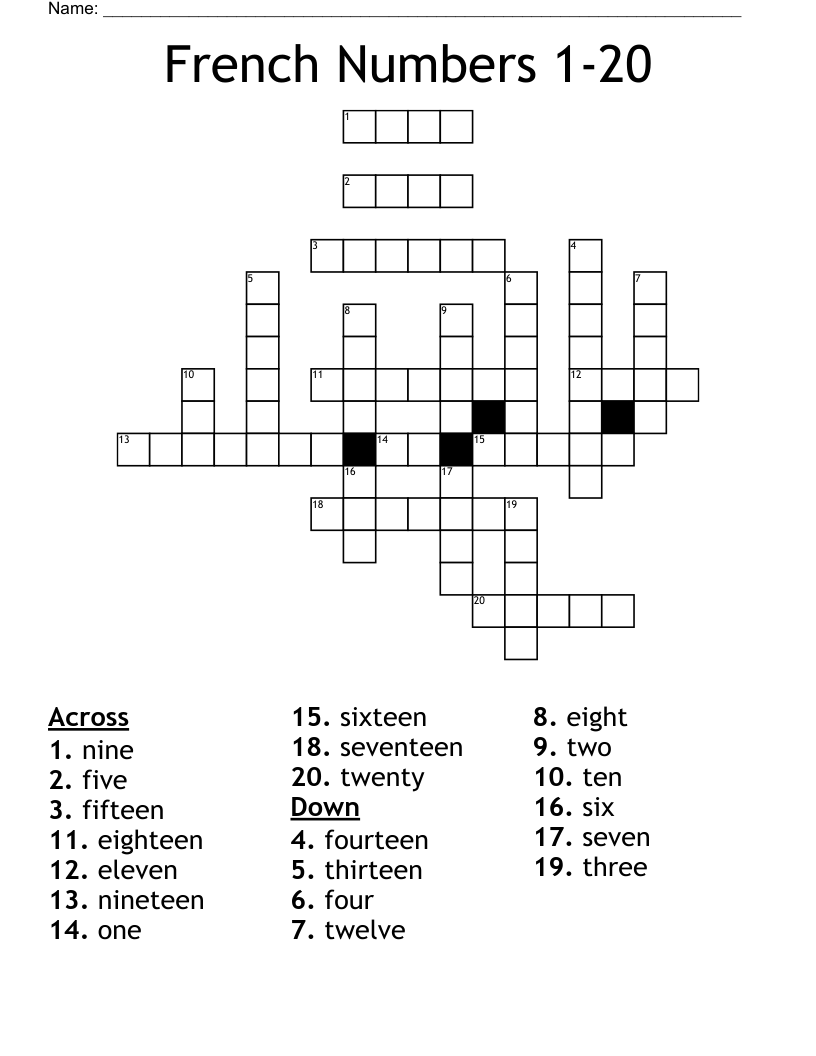 French Numbers 1-20 Crossword