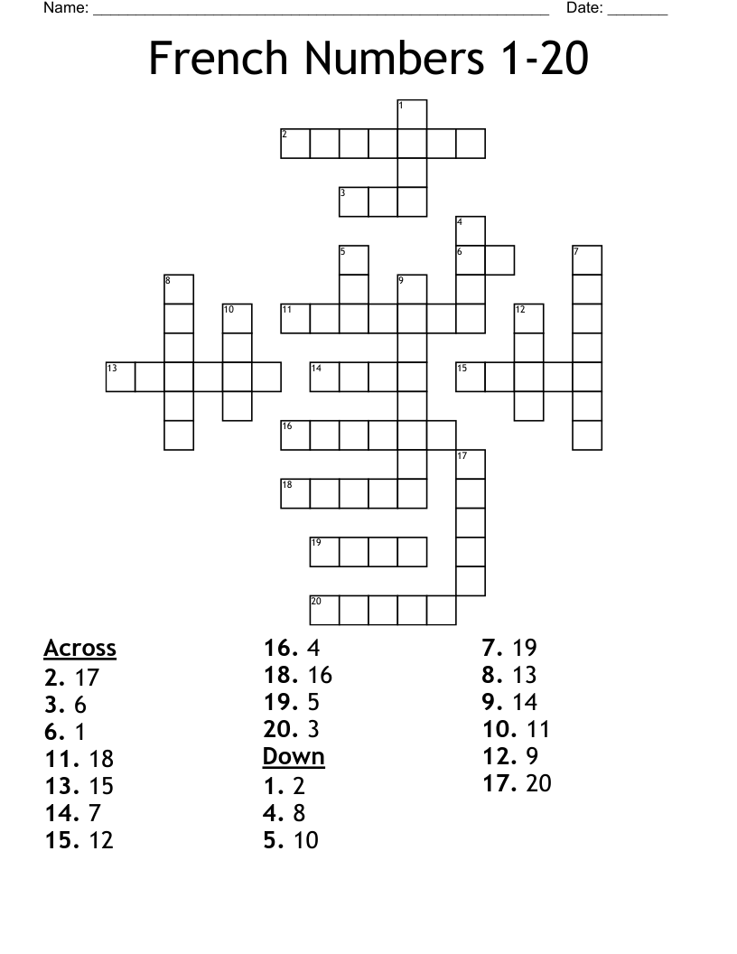 French Numbers 1-20  Crossword