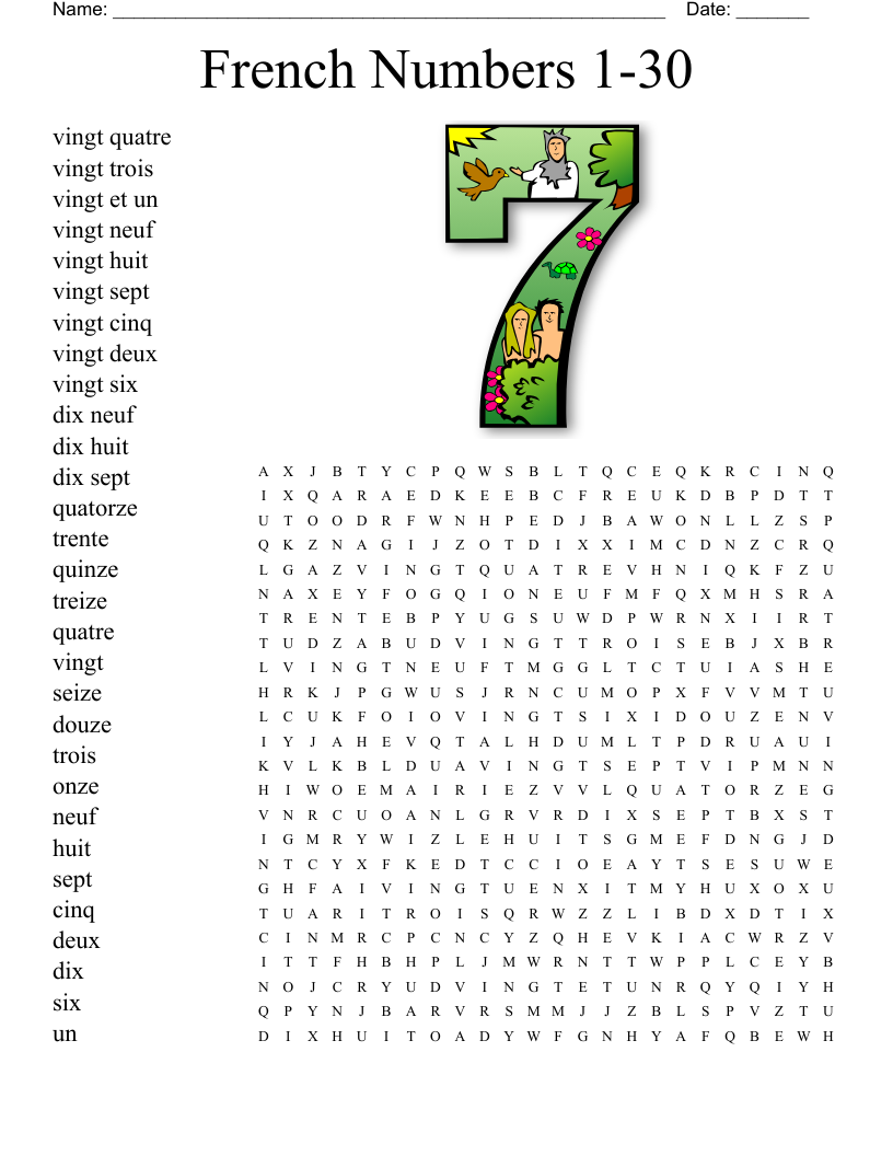French Numbers 1-30 Word Search