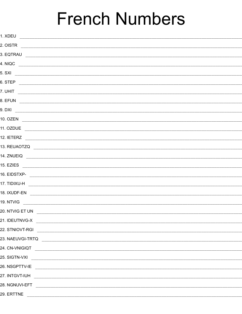 French Numbers Word Scramble