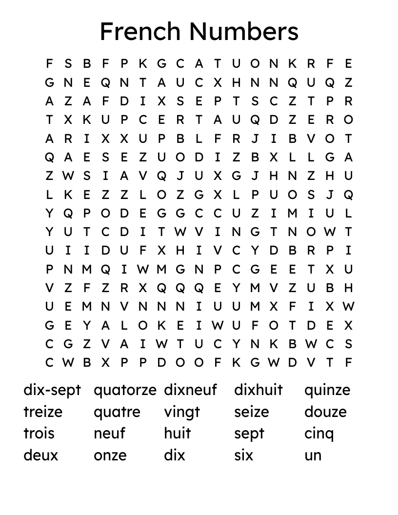 French Numbers Word Search