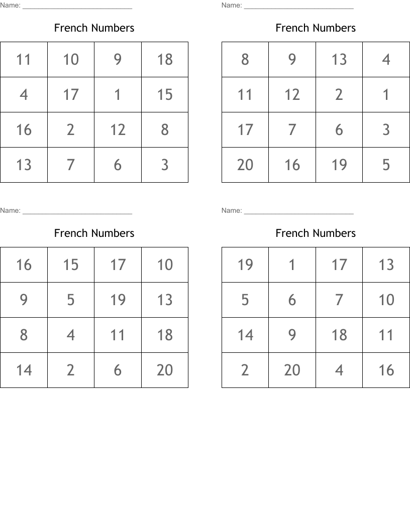 French Numbers Bingo Cards