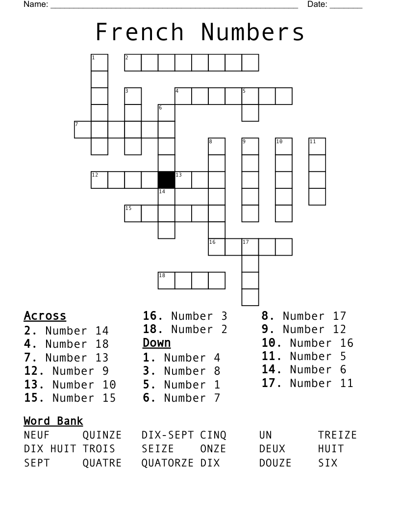 French Numbers Crossword