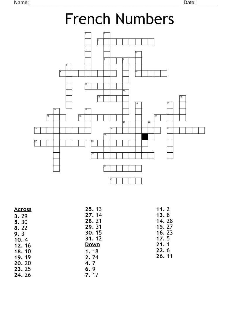 French Numbers Crossword