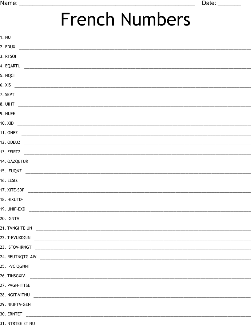 French Numbers Word Scramble