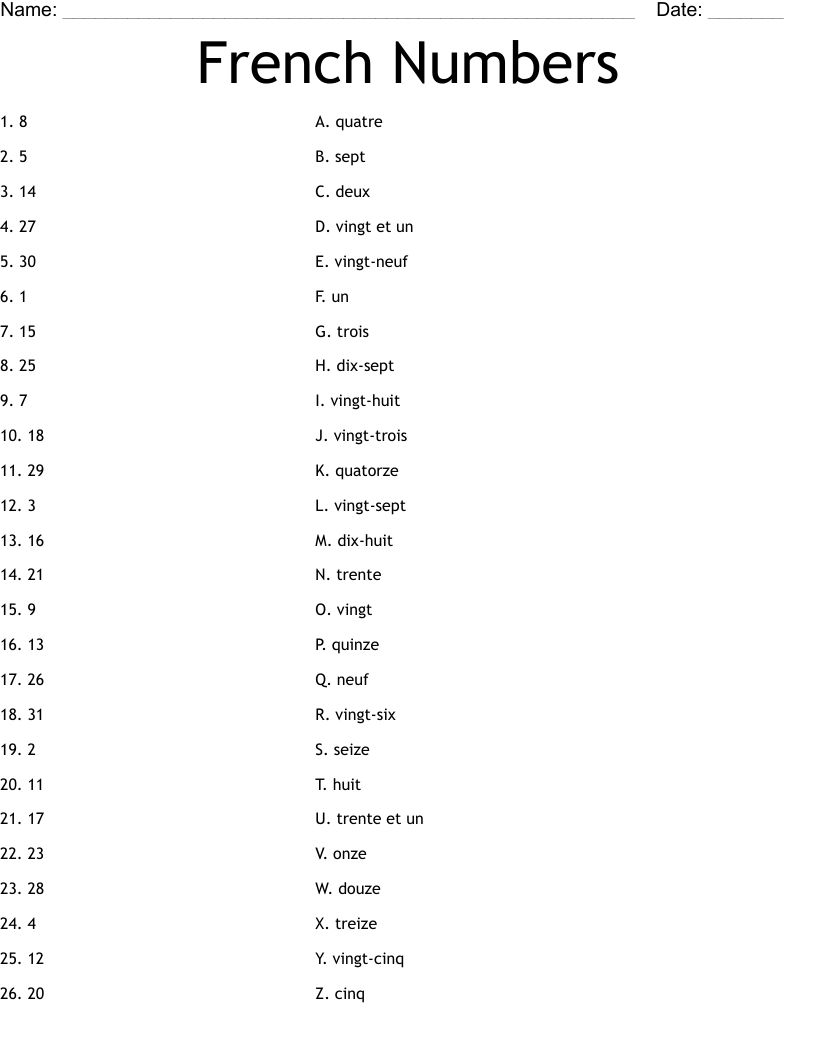 French Numbers Worksheet