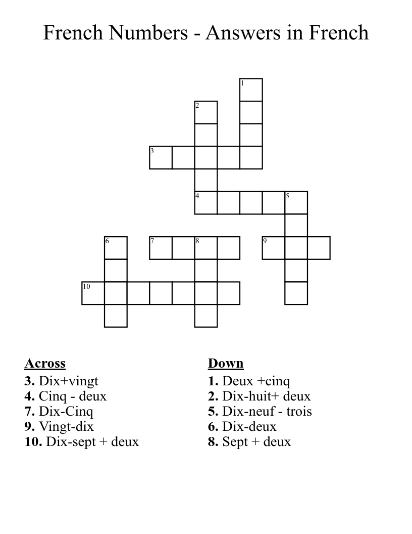 French Numbers - Answers in French Crossword