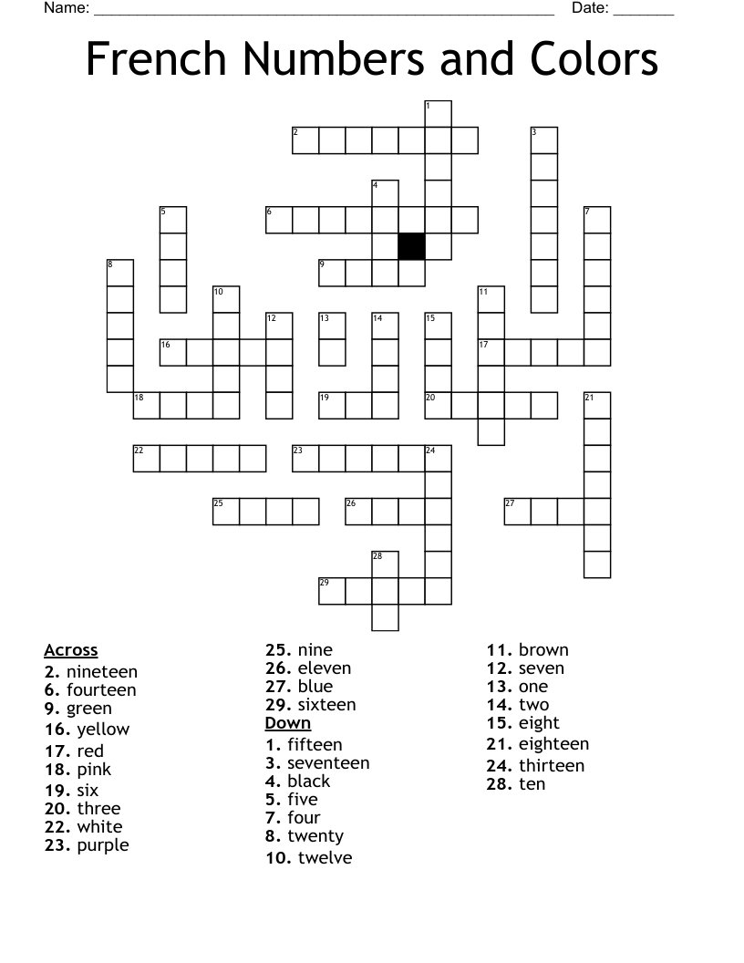 French Numbers and Colors Crossword