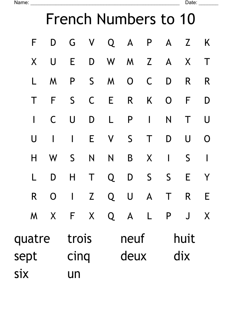 French Numbers to 10 Word Search