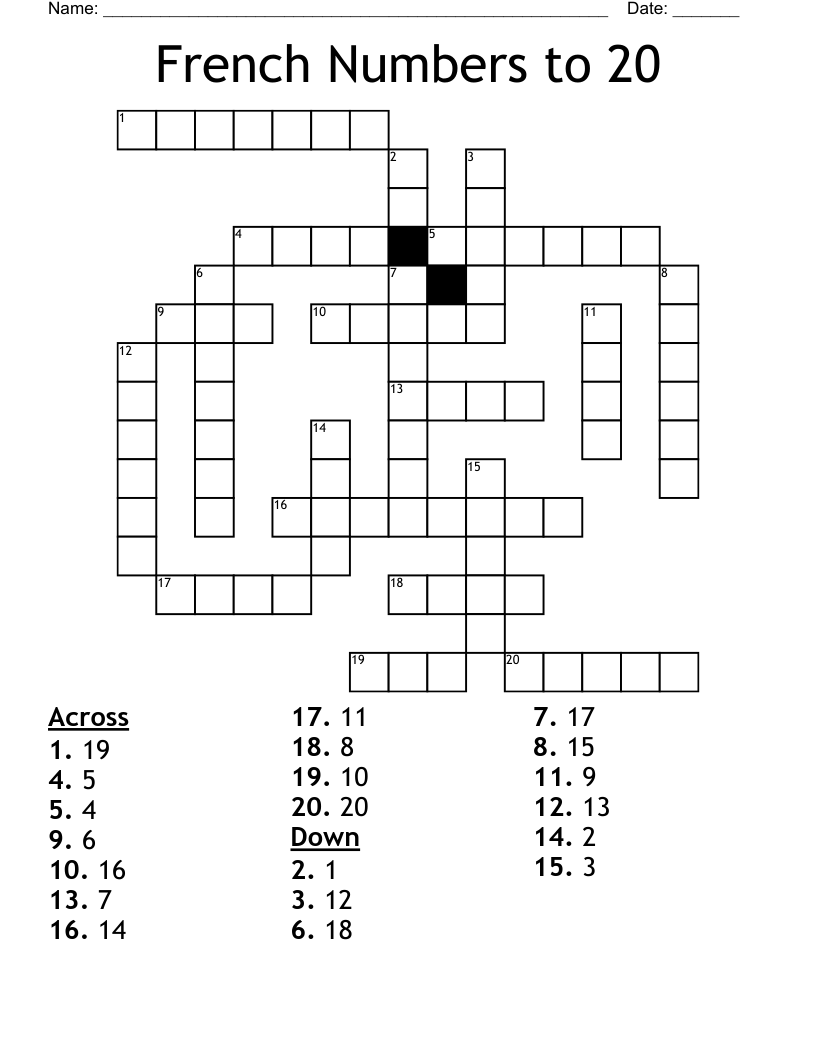 French Numbers to 20 Crossword