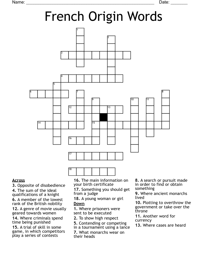 French Origin Words Crossword