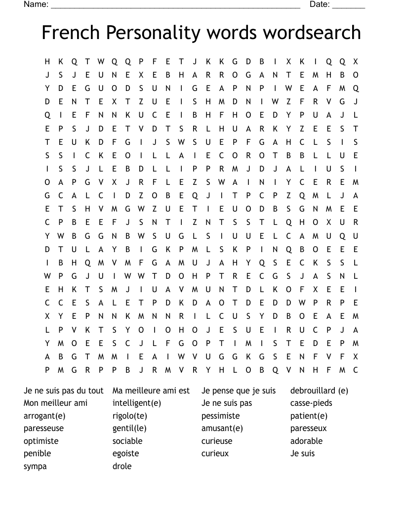 French Personality words wordsearch
