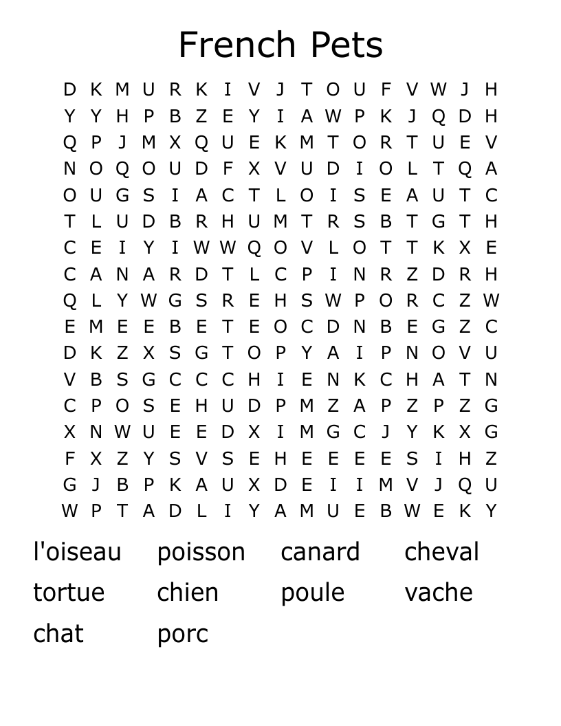 French Pets Word Search