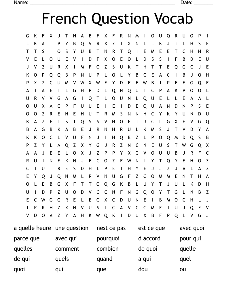 French Question Vocab Word Search