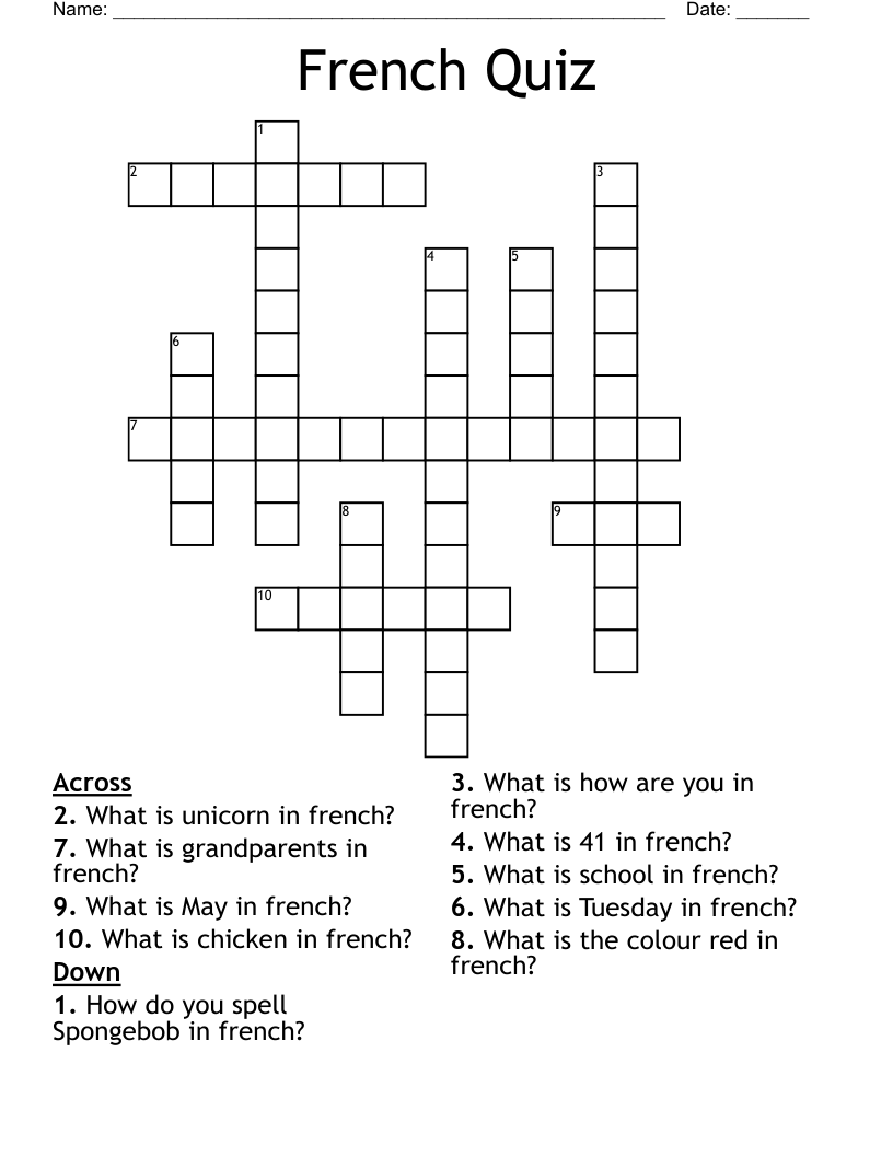 French Quiz Crossword