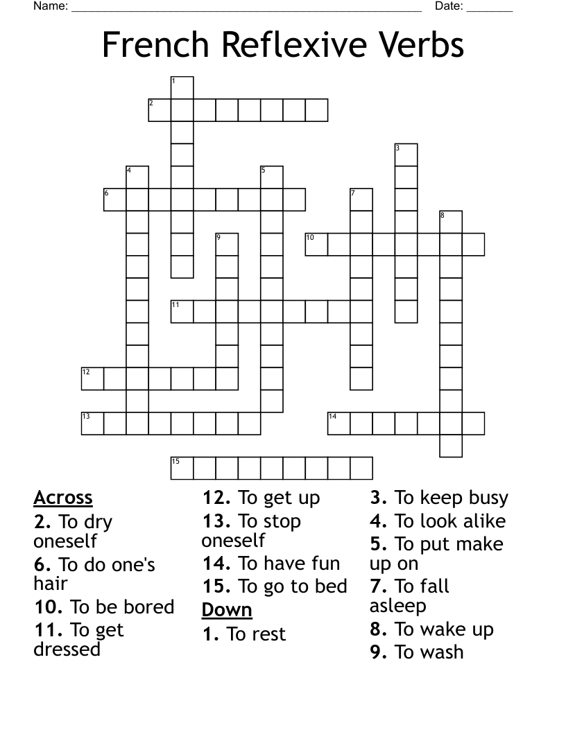 French Reflexive Verbs Crossword