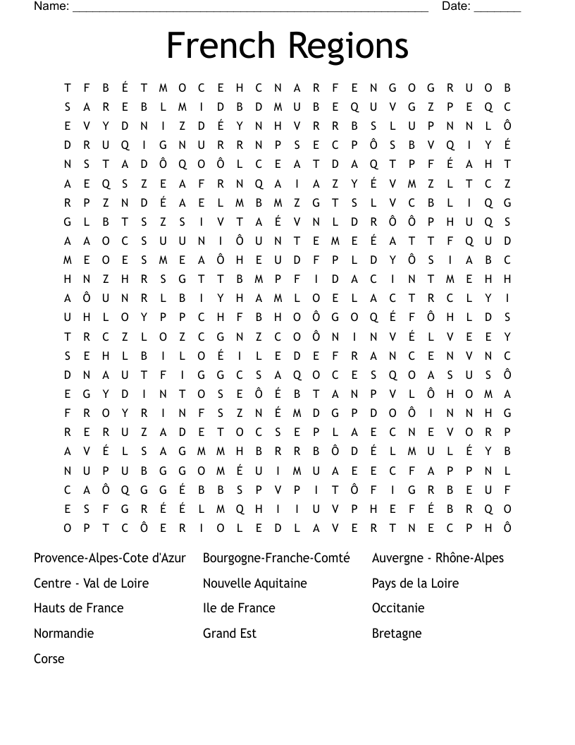 French Regions Word Search