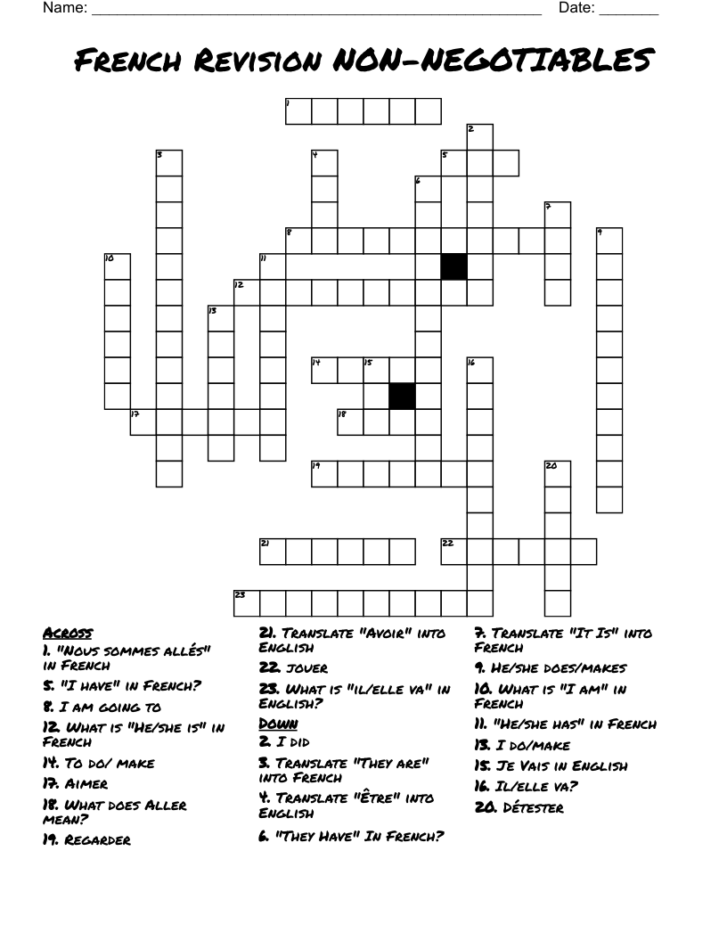 French Revision NON-NEGOTIABLES Crossword