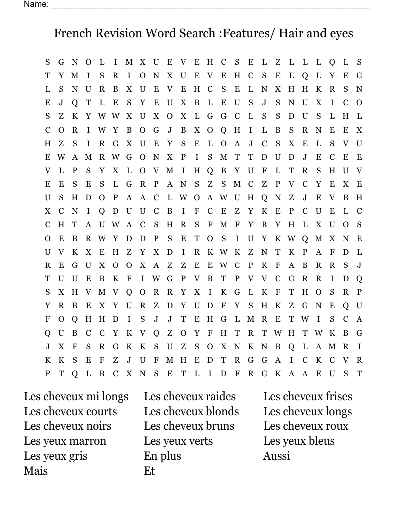 French Revision Word Search         :Features/ Hair and eyes