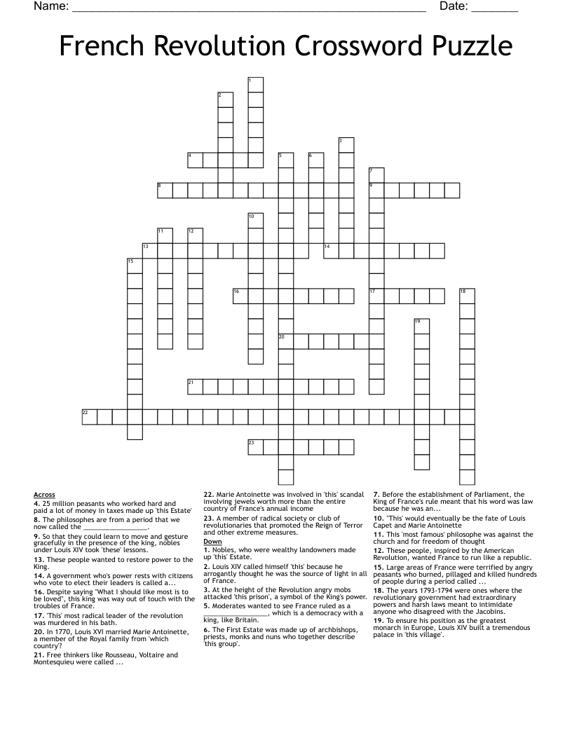 French Revolution Crossword Puzzle