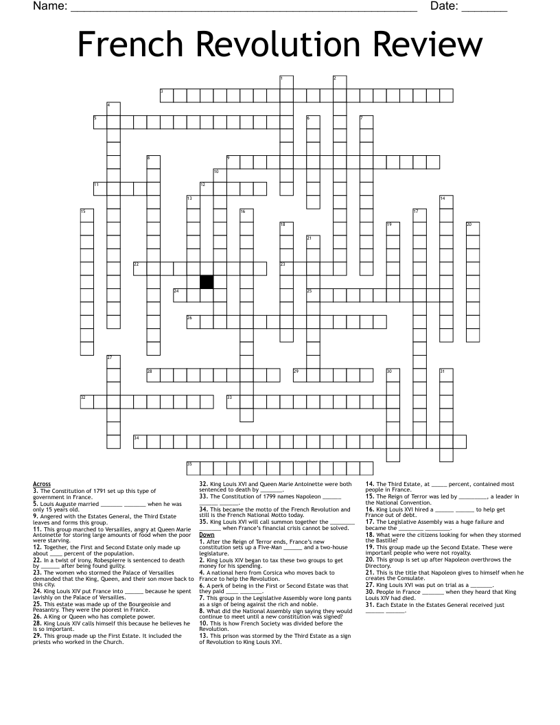 French Revolution Review Crossword