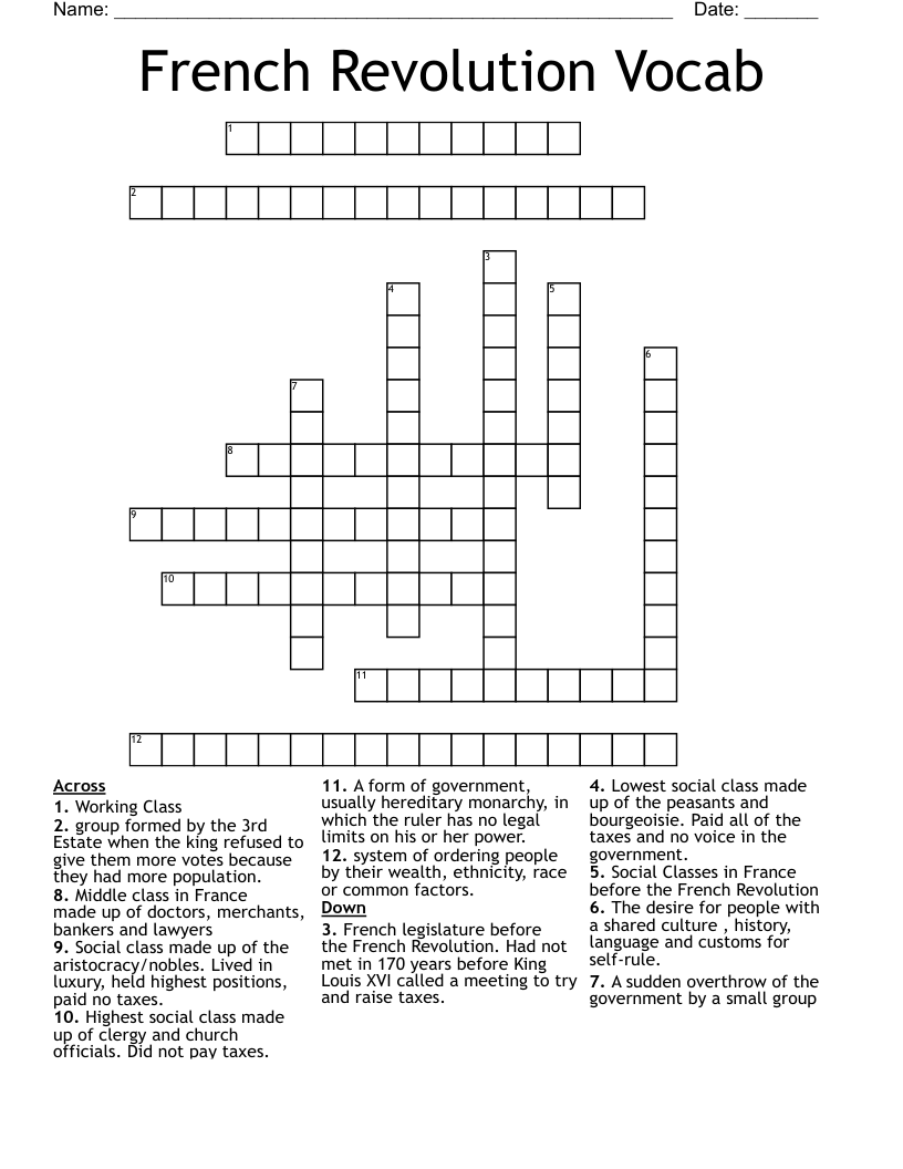 French Revolution Vocab Crossword