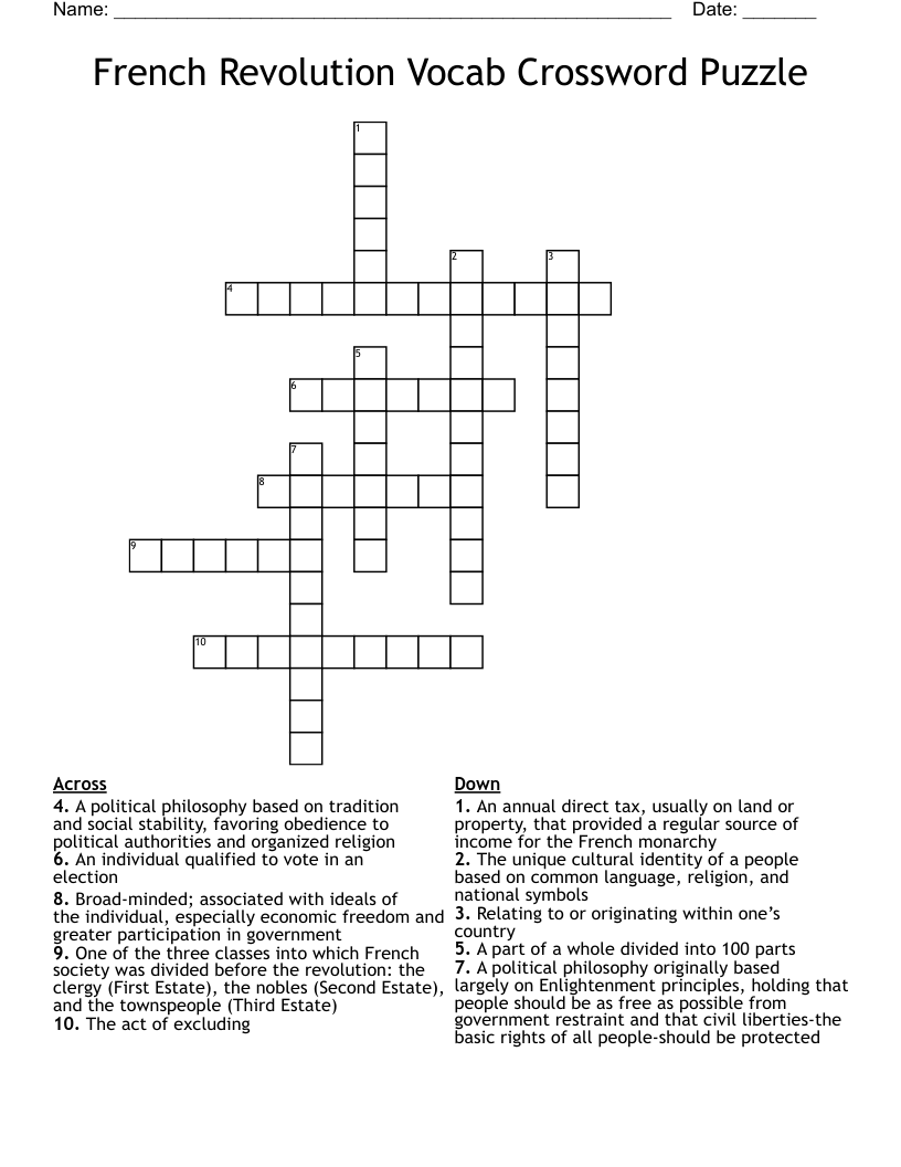 French Revolution Vocab Crossword Puzzle