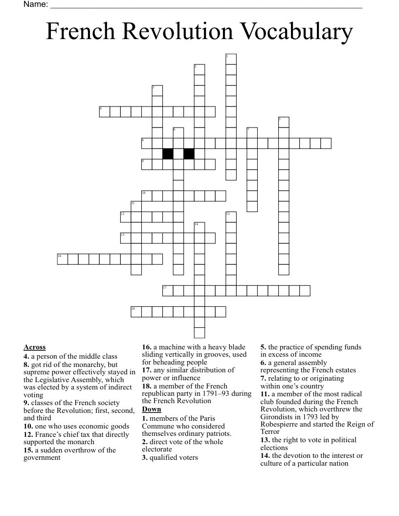 French Revolution Vocabulary Crossword