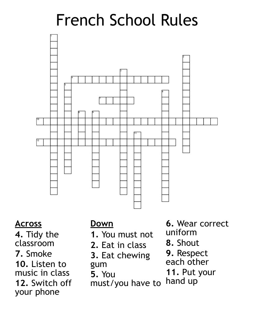 French School Rules  Crossword